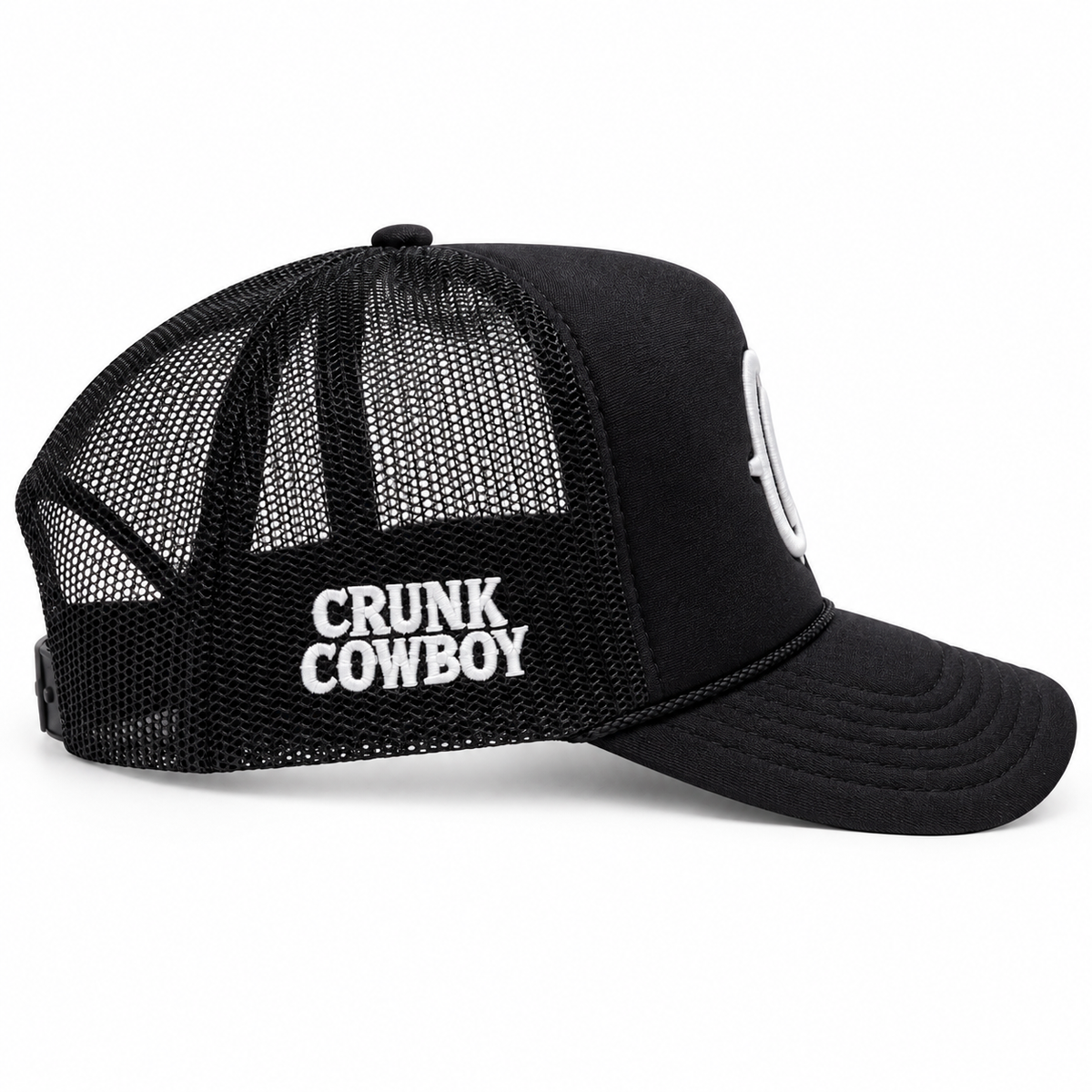 Crunk Cowboy black trucker cap, embroidered side view