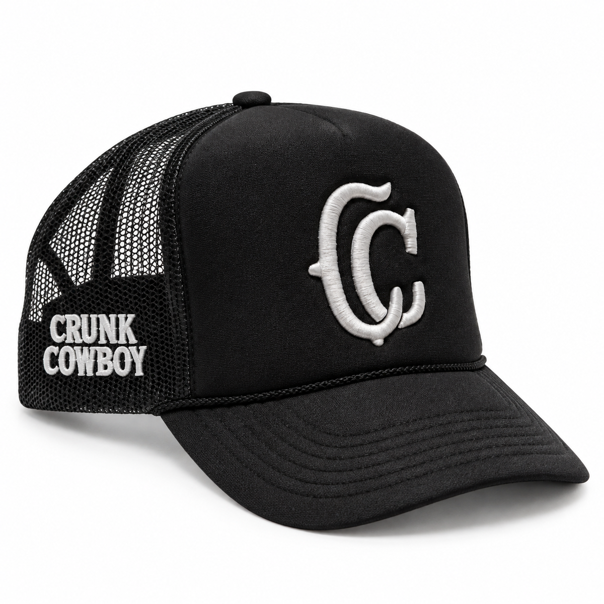 Crunk Cowboy black trucker cap, front view