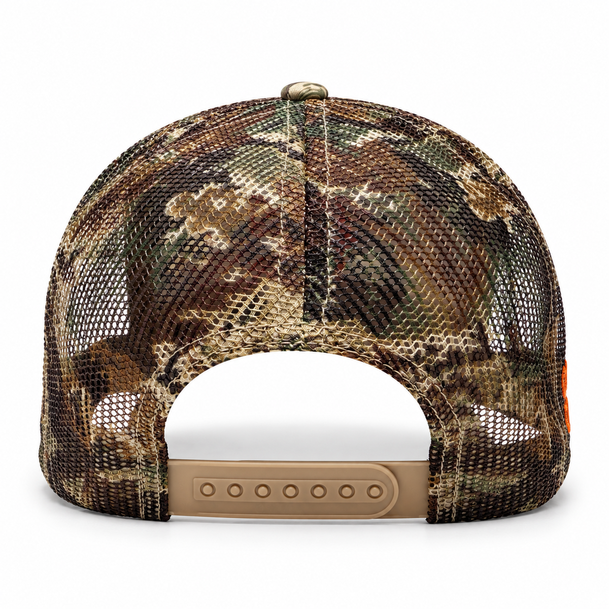 Crunk Cowboy green camo trucker cap with orange logos, back view