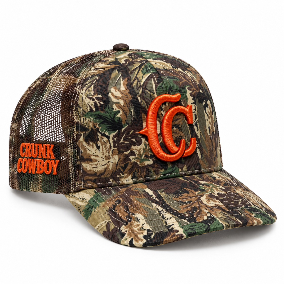 Crunk Cowboy green camo trucker cap with orange logos, front view