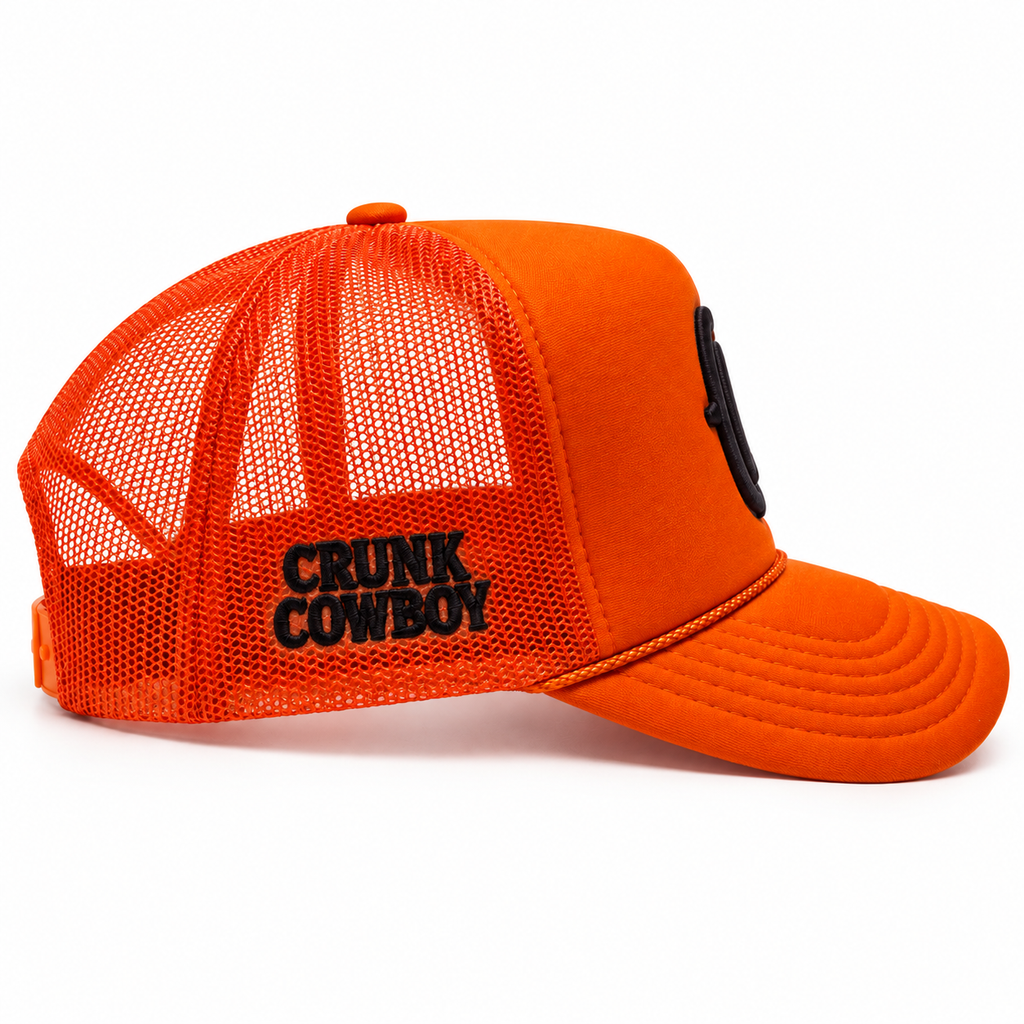 Crunk Cowboy orange trucker cap, embroidered side view