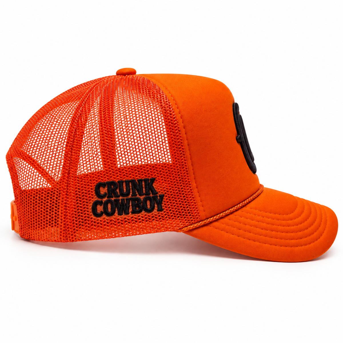 Crunk Cowboy orange trucker cap, embroidered side view