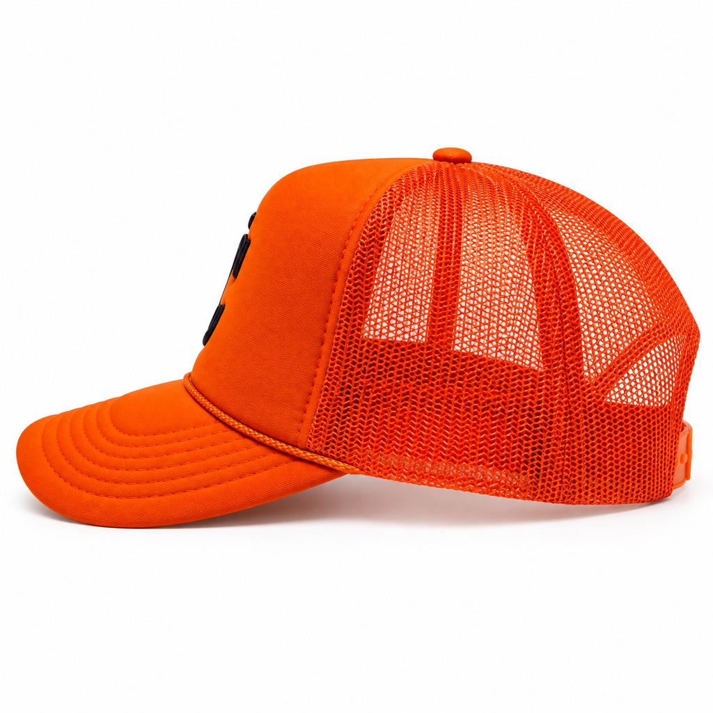 Crunk Cowboy orange trucker cap, opposite side view