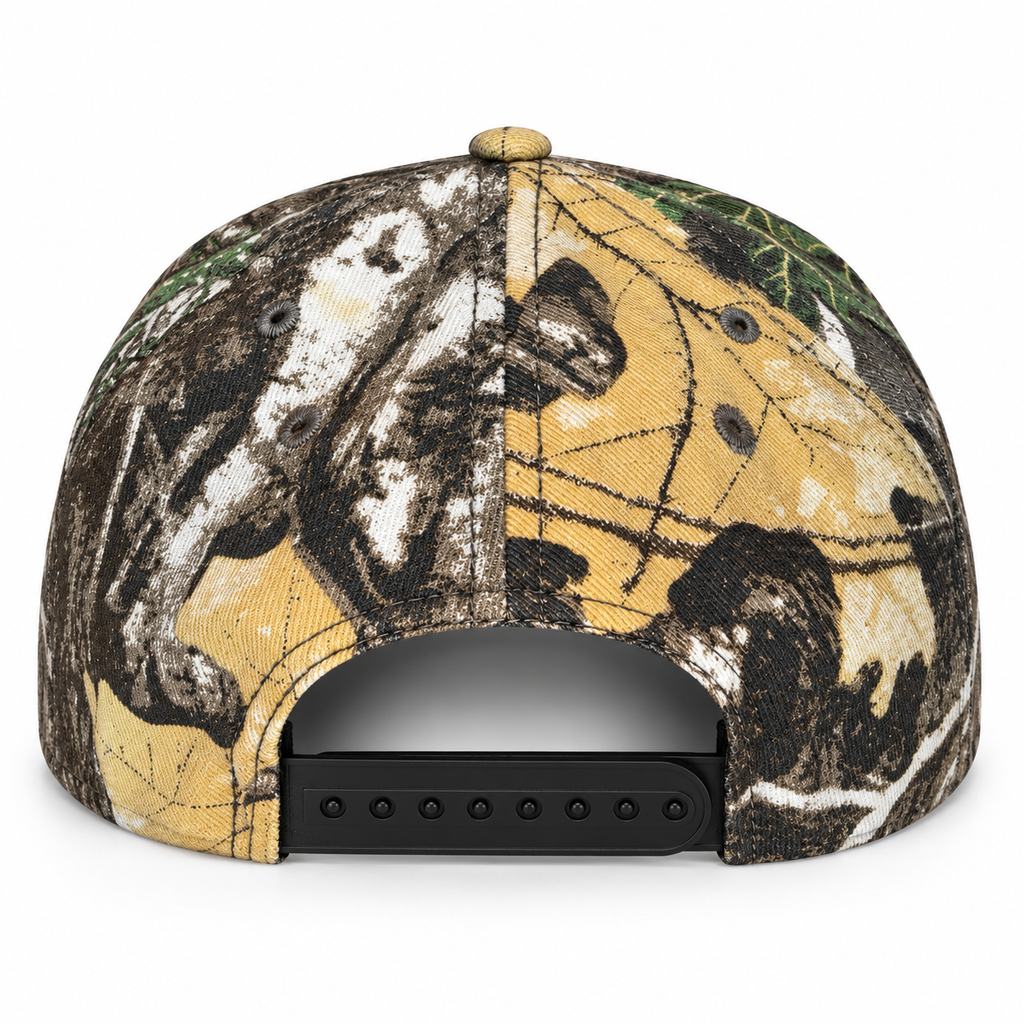 Crunk Cowboy grey camo trucker cap with orange logos, back view