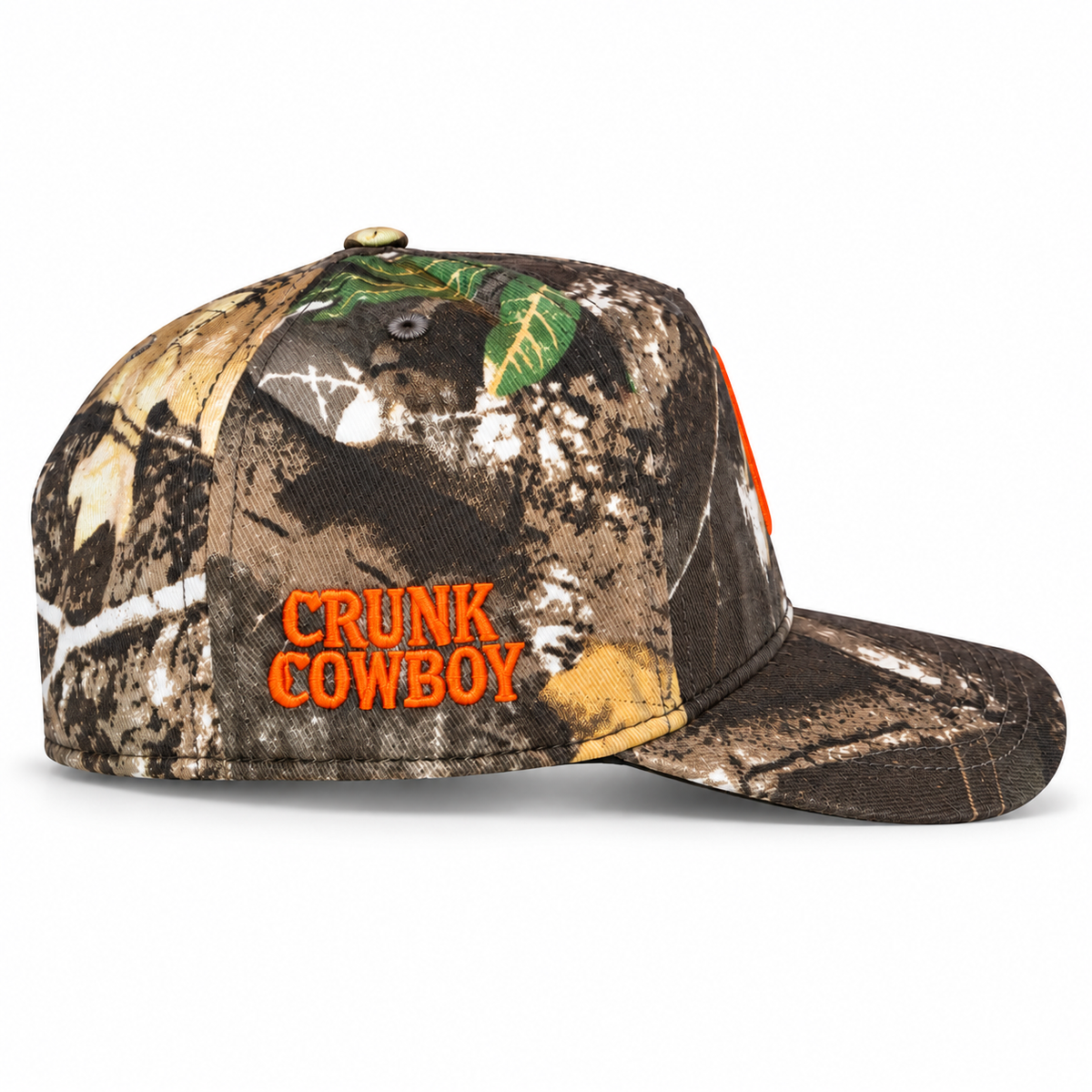 Grey Camo cap side view with orange Crunk Cowboy embroidery