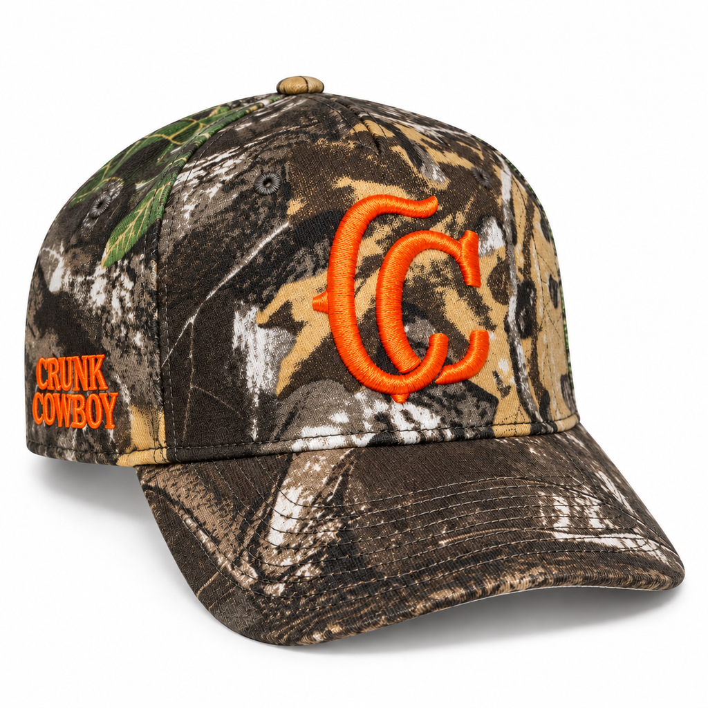 Grey Camo cap front view with orange embroidered logos