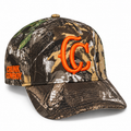 Grey Camo cap front view with orange embroidered logos