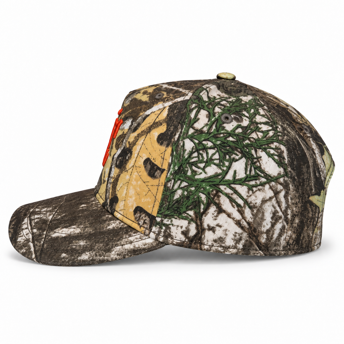 Crunk Cowboy grey camo trucker cap with orange logos, opposite side view
