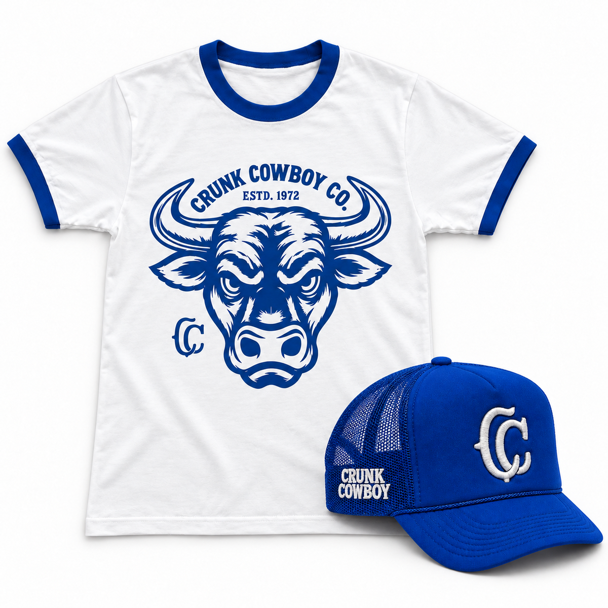Crunk Cowboy blue ringer tee and matching trucker cap set