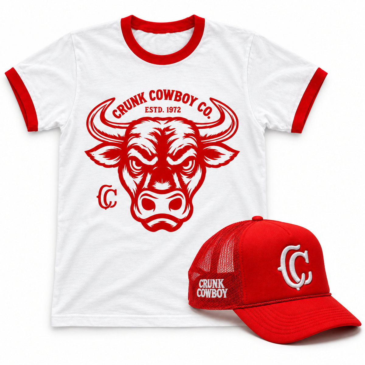 Crunk Cowboy red ringer tee and matching trucker cap set
