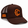 Crunk Cowboy brown cap with orange logos, front and side view