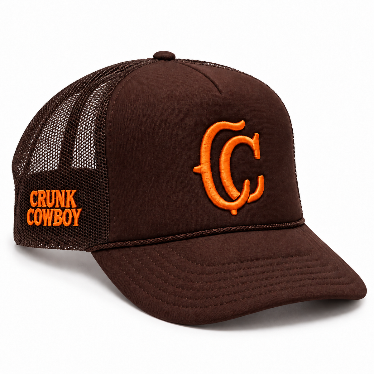 Crunk Cowboy brown cap with orange logos, front and side view
